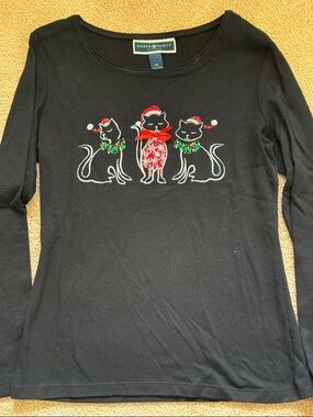 Karen Scott Black Long Sleeve Tee with Festive Cat Trio